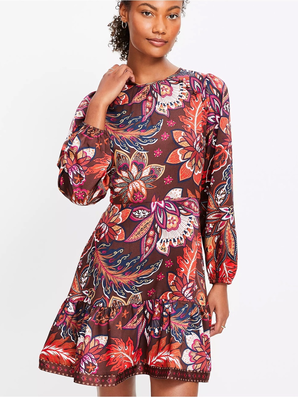 LOFT Brown Floral Paisley Long-Sleeve A-Line Dress